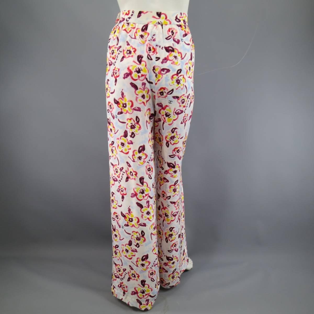 1996 CHANEL Size 8 Light Blue Pink & Yellow Watercolor Floral Wide Leg Pants 1