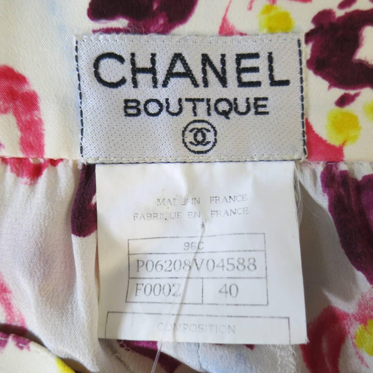 1996 CHANEL Size 8 Light Blue Pink & Yellow Watercolor Floral Wide Leg Pants 4