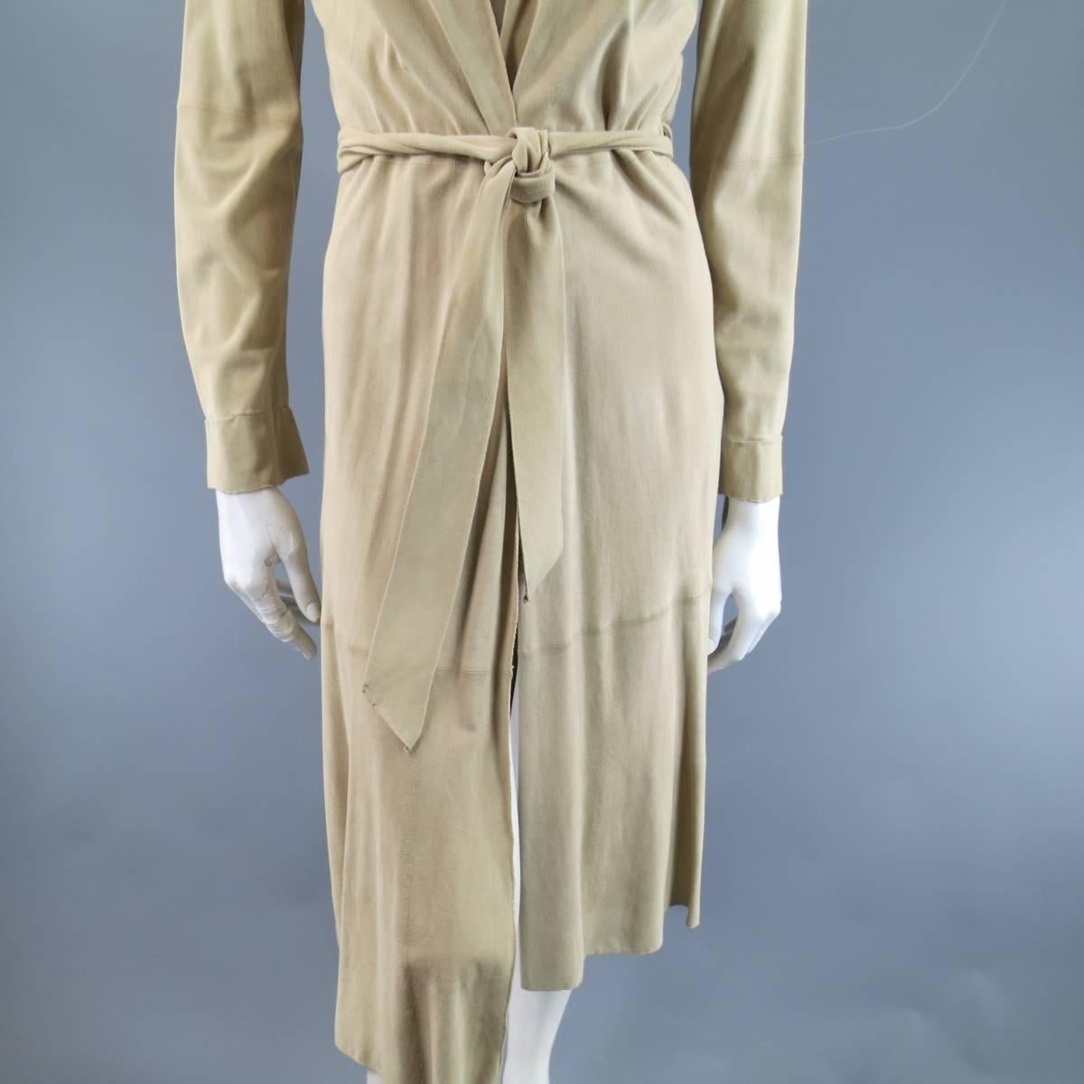 GIORGIO ARMANI Size 6 Beige Suede Open Front Tied Belt Multi Slit Coat In Good Condition In San Francisco, CA