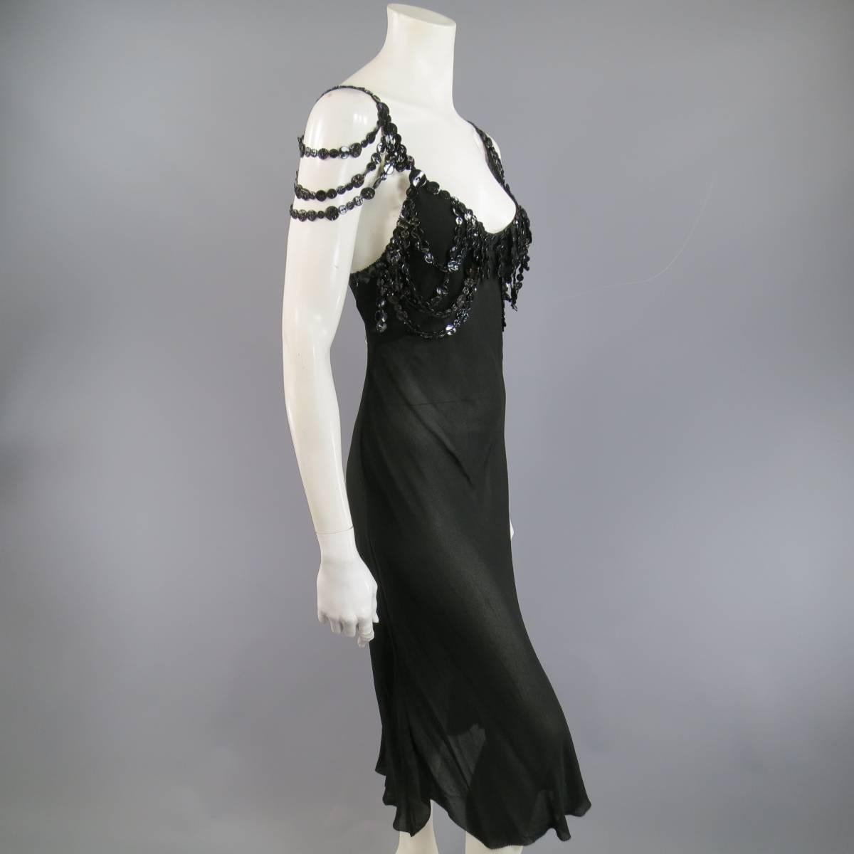 Jean Paul Gaultier Black Sheer Crepe Layered Button Strap Cocktail Dress Size 10 2