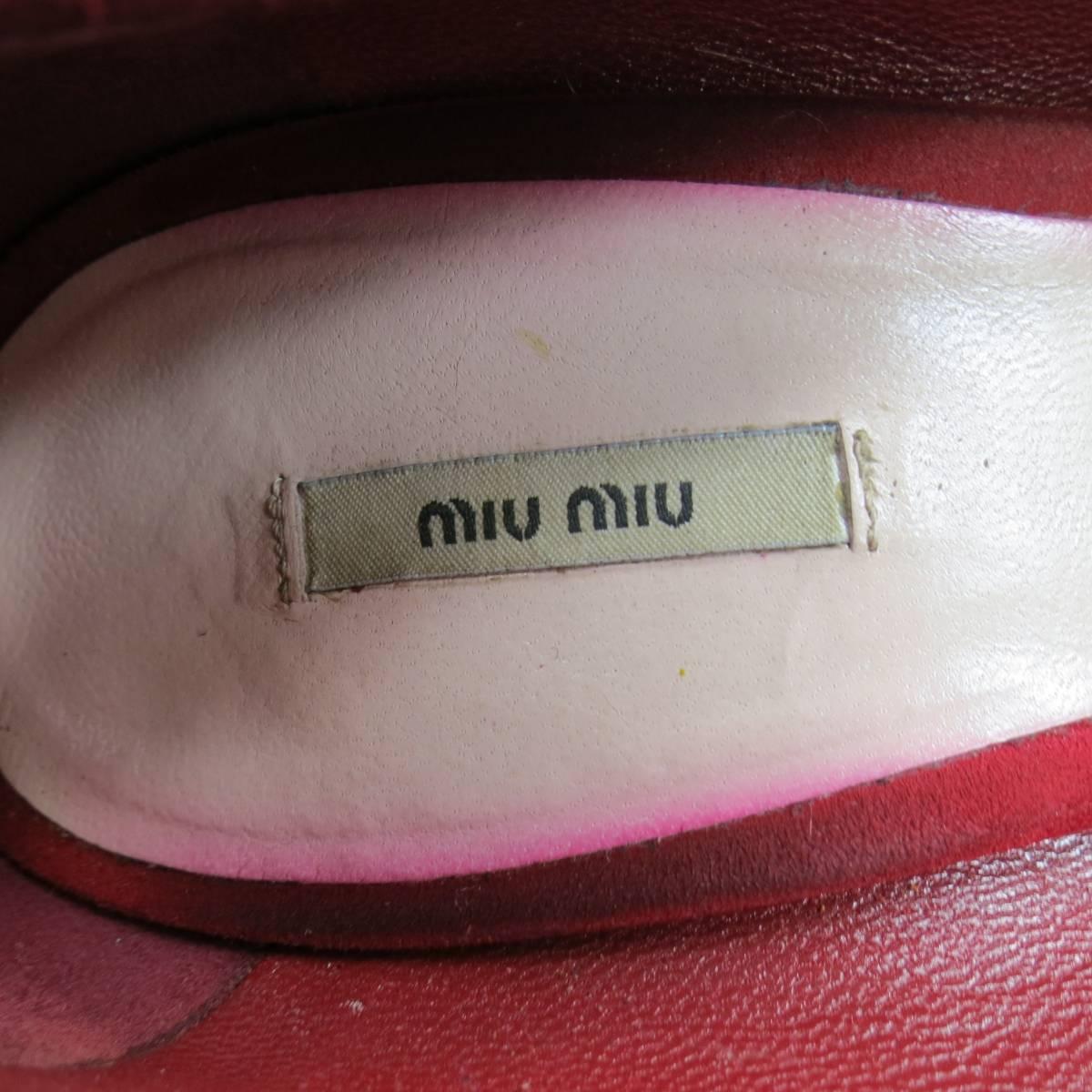 Women's MIU MIU Size 8.5 Red Suede Peep Toe Ruffle Heel Platform Pumps