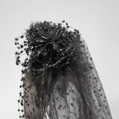 ALEXANDRE de PARIS Black Leather Beaded Feather Flower Spotted Vale Headband