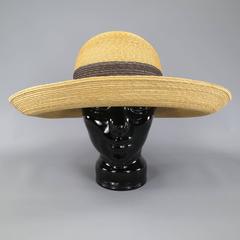 Vintage HERMES Tan & Brown Straw Wide Brm Beach Sun Hat