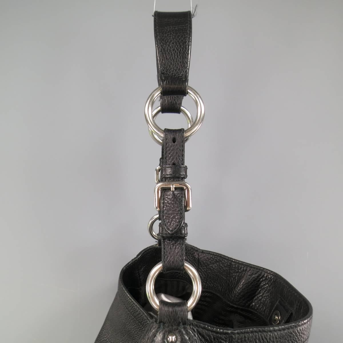 Gray PRADA Black Pebbled Leather Silver Hoop Logo Shoulder Bag