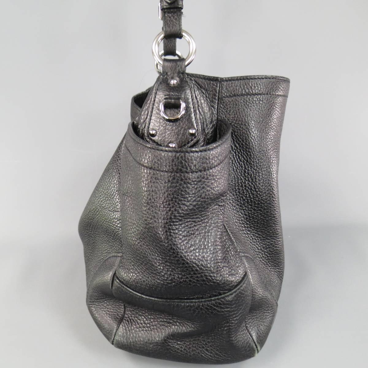 Women's PRADA Black Pebbled Leather Silver Hoop Logo Shoulder Bag