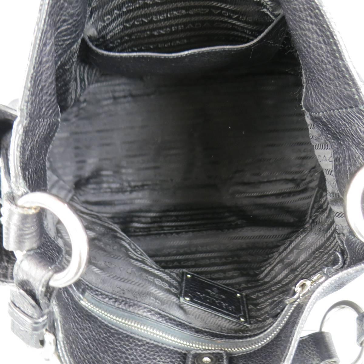 PRADA Black Pebbled Leather Silver Hoop Logo Shoulder Bag 3