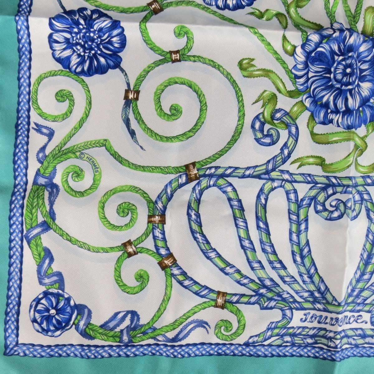 HERMES Turquoise & Navy 'Jouvence' Floral Silk Pocket Square In Excellent Condition In San Francisco, CA