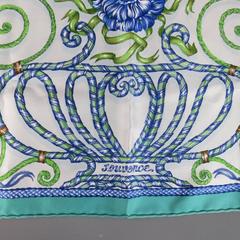 HERMES Turquoise & Navy 'Jouvence' Floral Silk Pocket Square