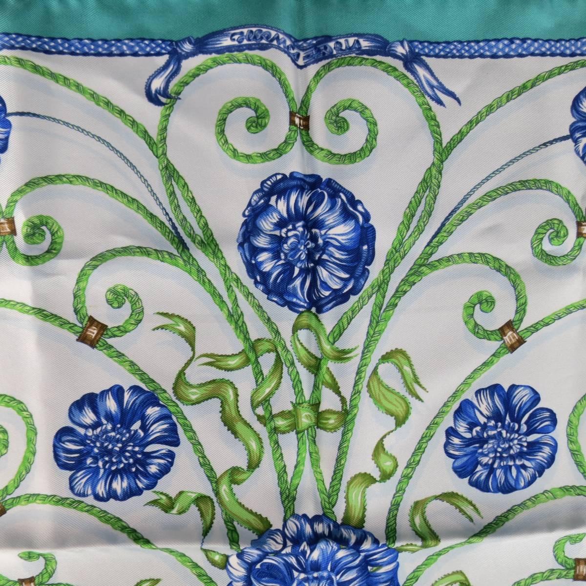 Women's or Men's HERMES Turquoise & Navy 'Jouvence' Floral Silk Pocket Square