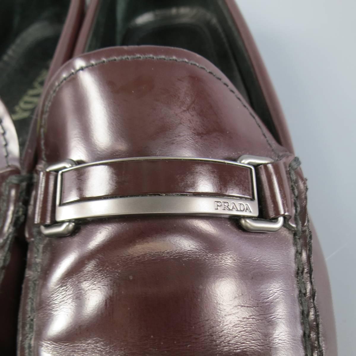 Men's PRADA Size 10 Burgundy Leather Silver Metal Strap Driver Sole Loafers In Excellent Condition In San Francisco, CA