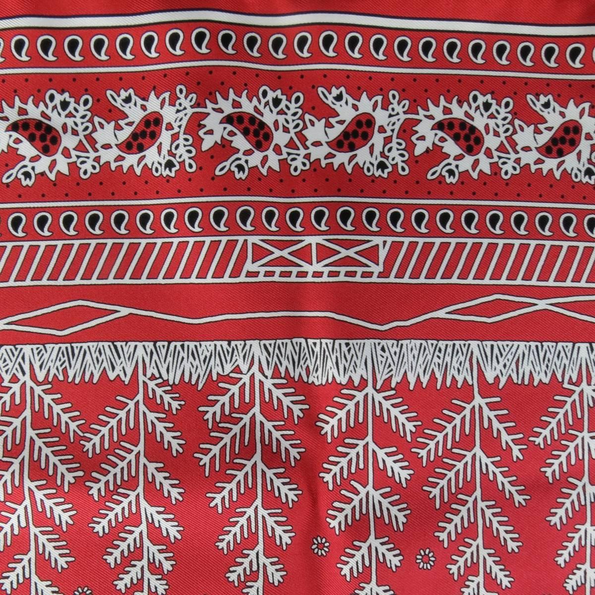 HERMES Red Silk 'In The Mountains' Bandana Print Scarf In Excellent Condition In San Francisco, CA