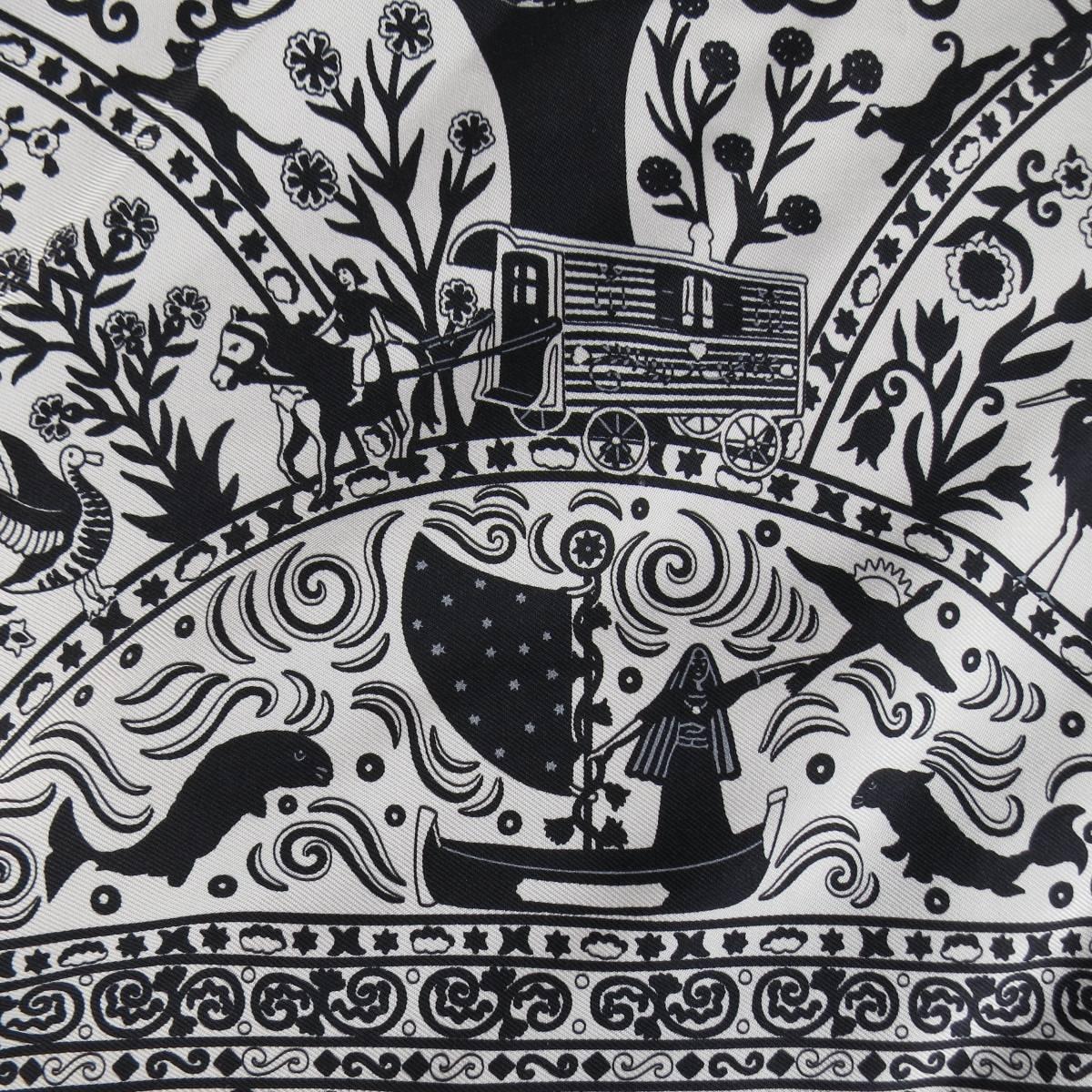 Gray HERMES 'Peuple du Vent' White & Black Silk Twill Bandana Scarf