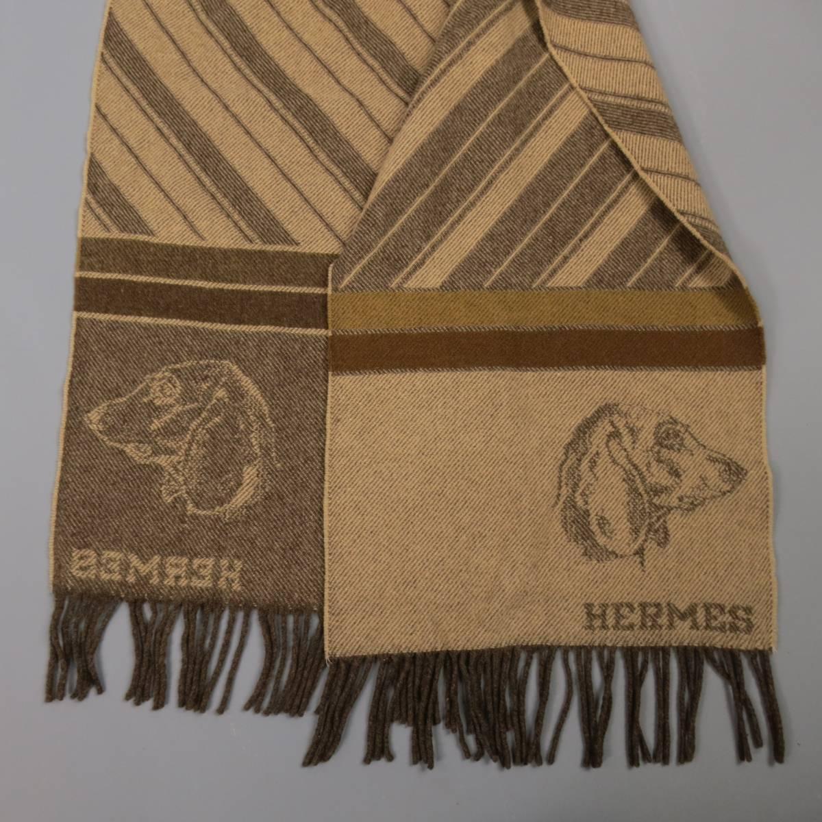 Vintage HERMES Brown & Beige Wool / Cashmere Striped Dachshund Dog Scarf In Excellent Condition In San Francisco, CA