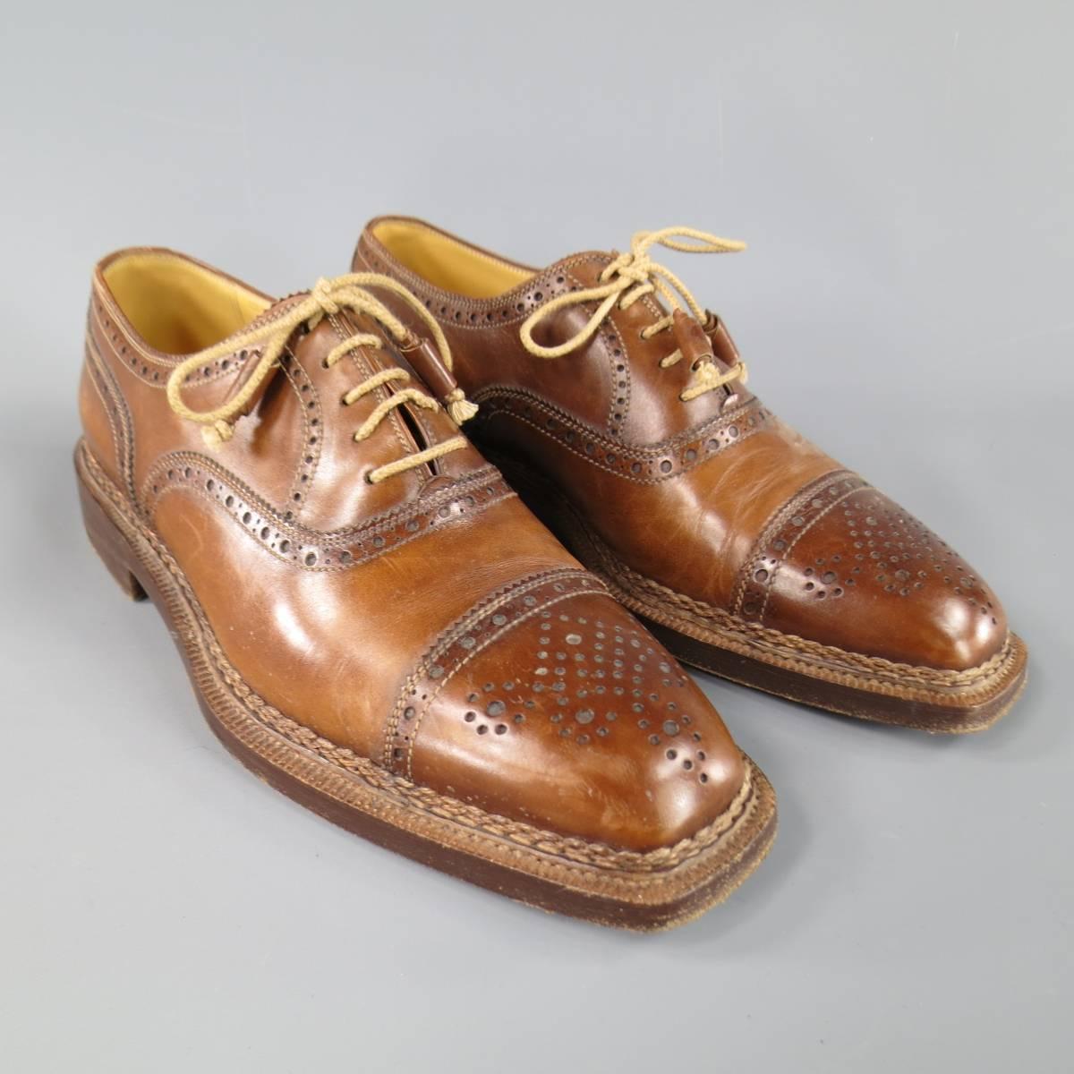 Men's STEFANOBI Size 12 Tan Leather Wingtip Square Cap Toe Lace Up In Good Condition In San Francisco, CA