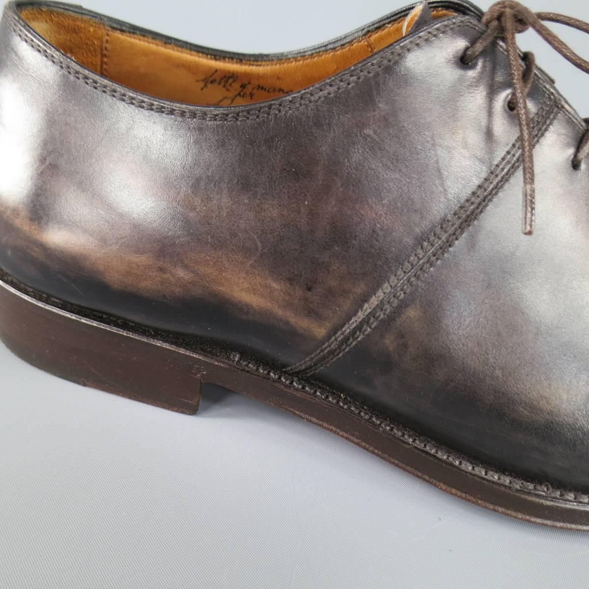 Men's BONTONI Size 12 Distressed Brown Black Leather Elegante Lace Up In Excellent Condition In San Francisco, CA