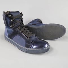 Men's LANVIN Size 11 Navy Nylon Suede & Metallic Leather High Top Sneakers