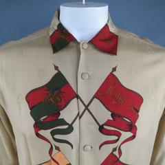 Men's MATSUDA Size M Khaki Rayon Red & Green Flag Long Sleeve Shirt