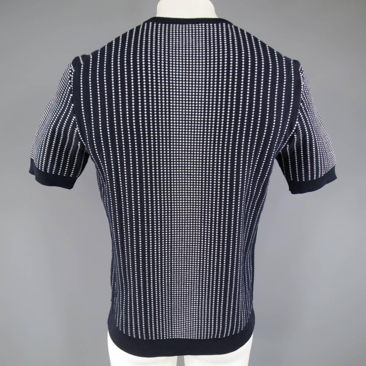 Men's JIL SANDER Size M Navy & White Spotted Gradient Short Sleeve Sweater 1
