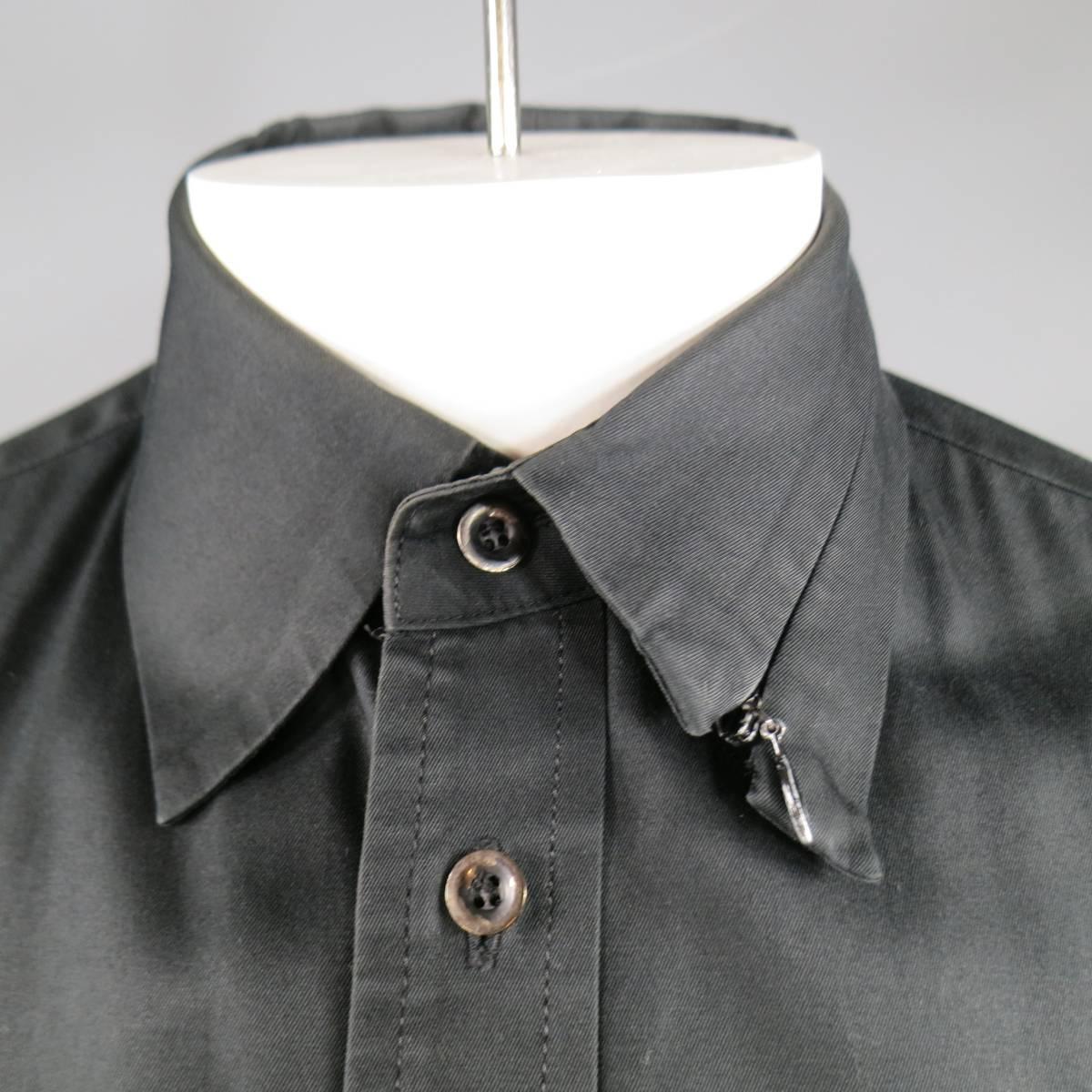 Vintage YOHJI YAMAMOTO Size L Black Cotton Long Sleeve Zip Collar Shirt In Fair Condition In San Francisco, CA
