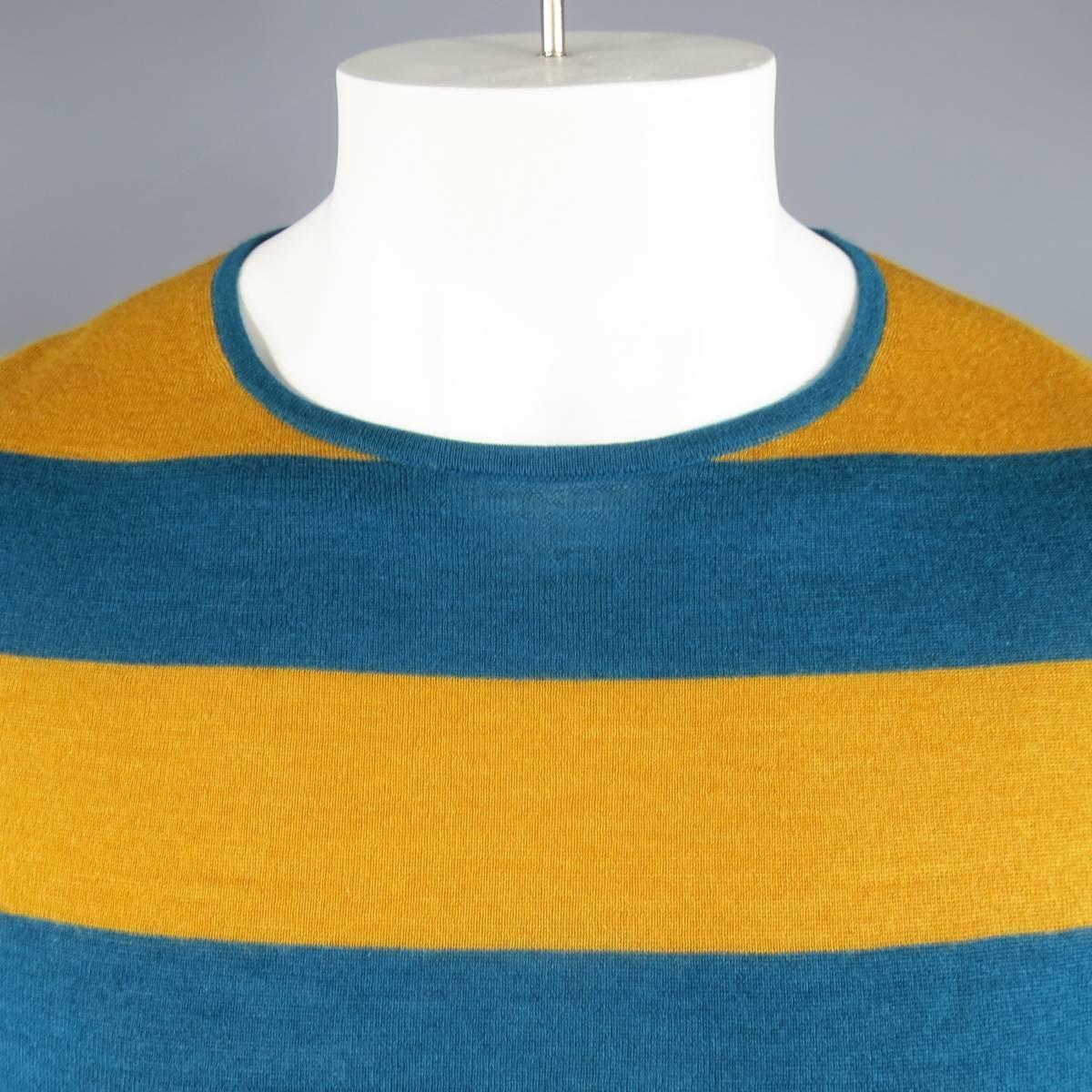 Blue DRIES VAN NOTEN Size L Gold & Teal Striped Cashmere / Silk Short Sleeve Pullover