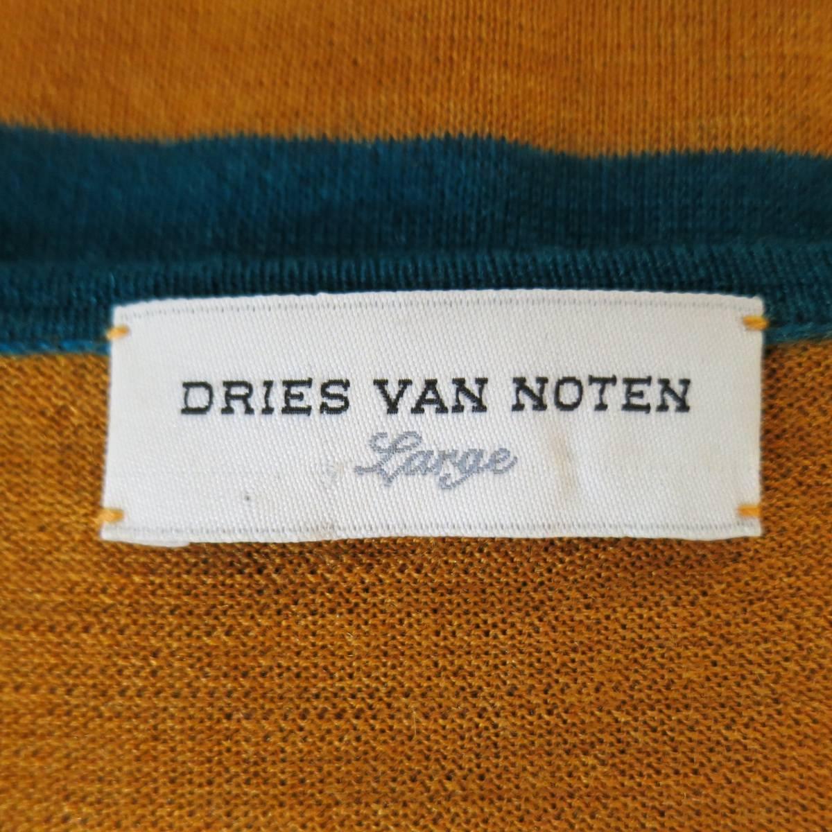 Men's DRIES VAN NOTEN Size L Gold & Teal Striped Cashmere / Silk Short Sleeve Pullover