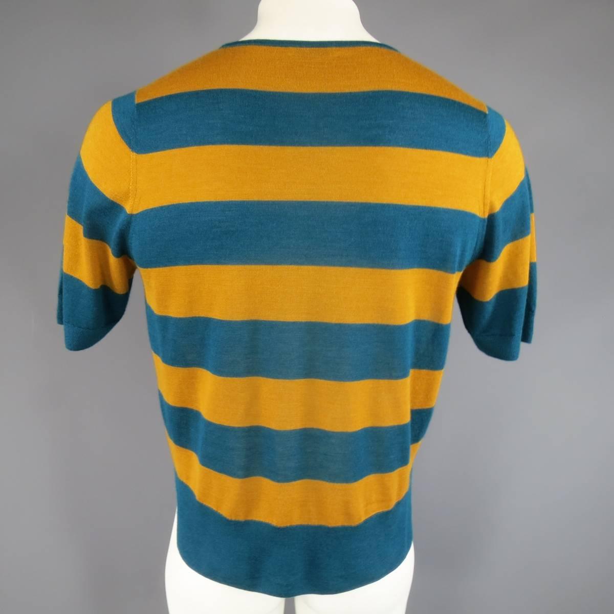 DRIES VAN NOTEN Size L Gold & Teal Striped Cashmere / Silk Short Sleeve Pullover In Excellent Condition In San Francisco, CA