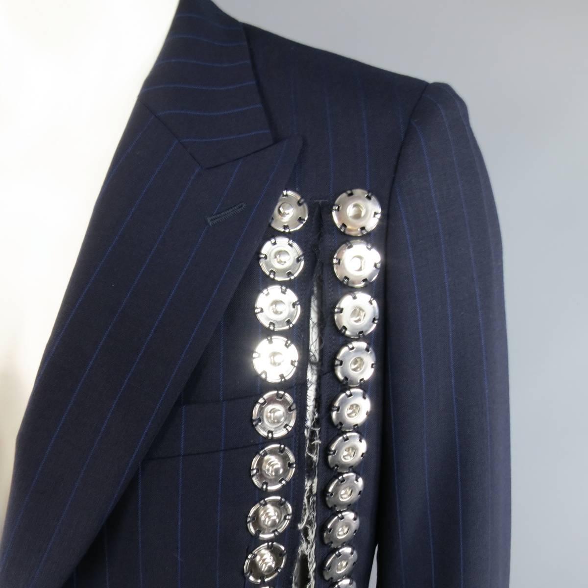 Black COMME des GARCONS 42 Navy Pinstripe Wool Snap Embellished Cutout Sport Coat