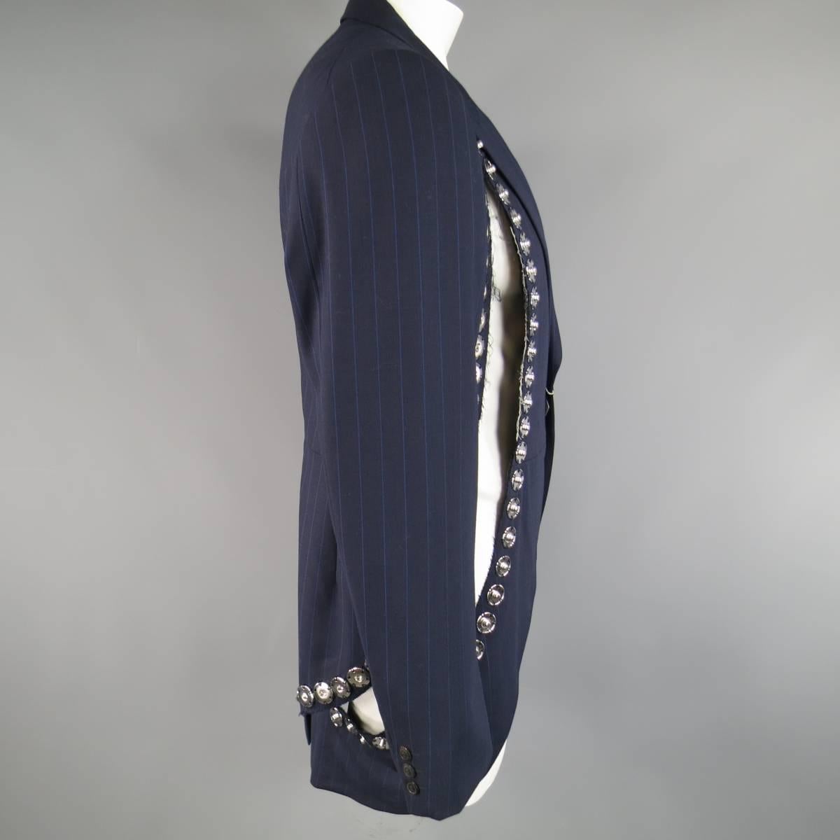 COMME des GARCONS 42 Navy Pinstripe Wool Snap Embellished Cutout Sport Coat 2
