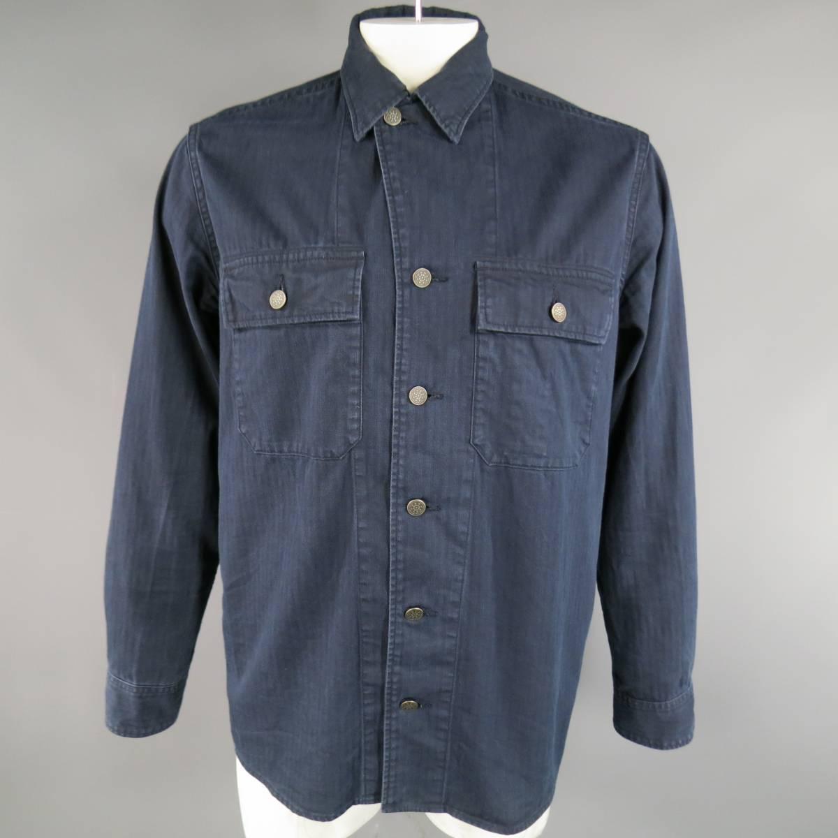 VISVIM Long Sleeve Shirt consists of 100% cotton material in a indigo color tone. Designed in a shirt jacket style, button up front with patch pocket closure. Detailed with single button cuff. New with tags.
Retails at $680.00.

New with Tags
Marked