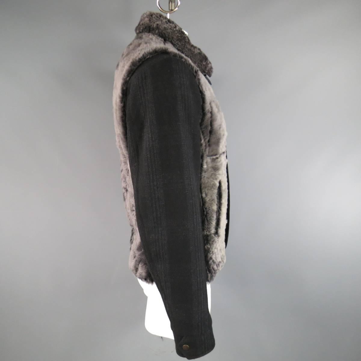 Men's DOLCE & GABBANA 44 Black & Grey Lamb Fur & Plaid Wool Jacket 2