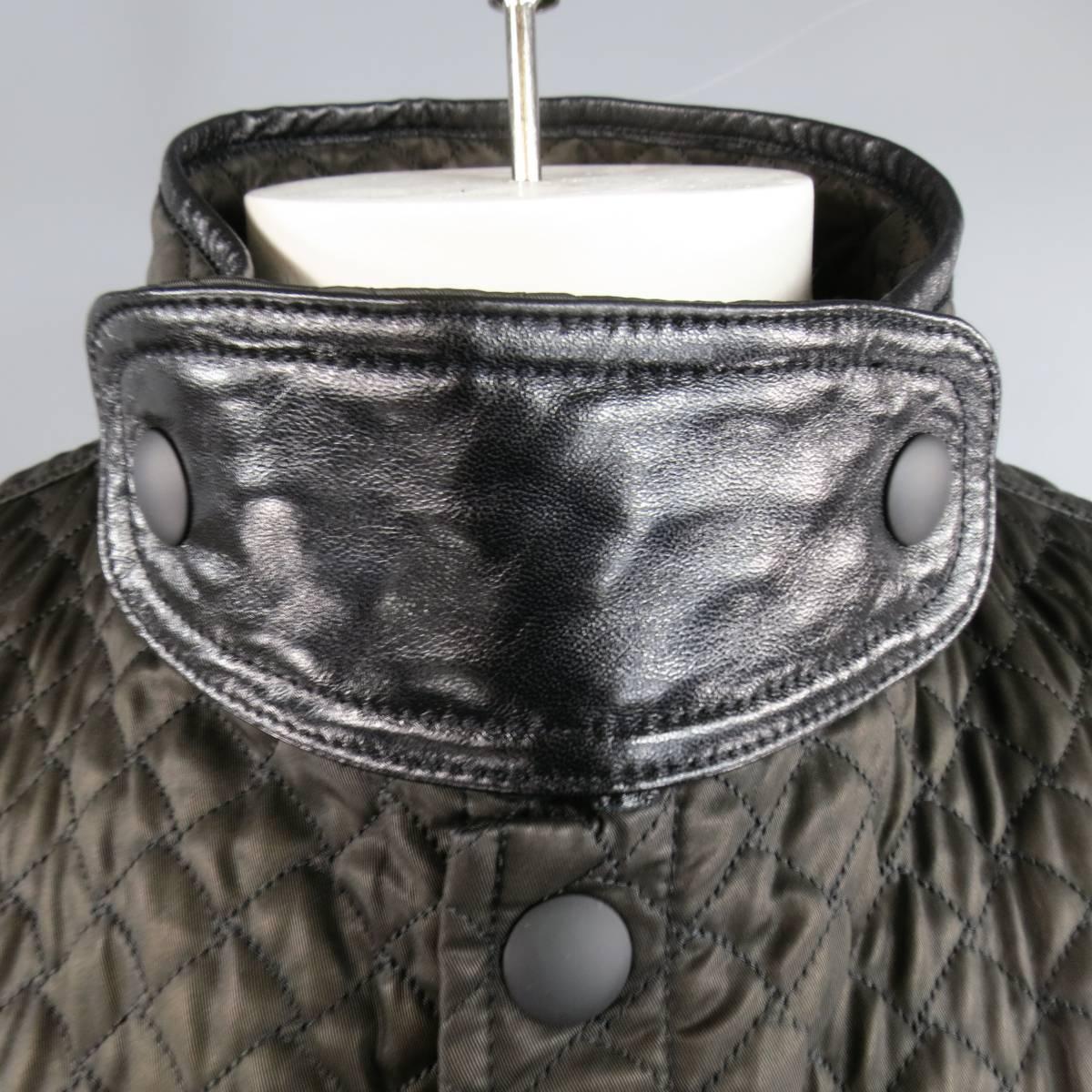 Black BOTTEGA VENETA 44 Olive Brown Quilted Nylon Leather Piping High Collar Jacket