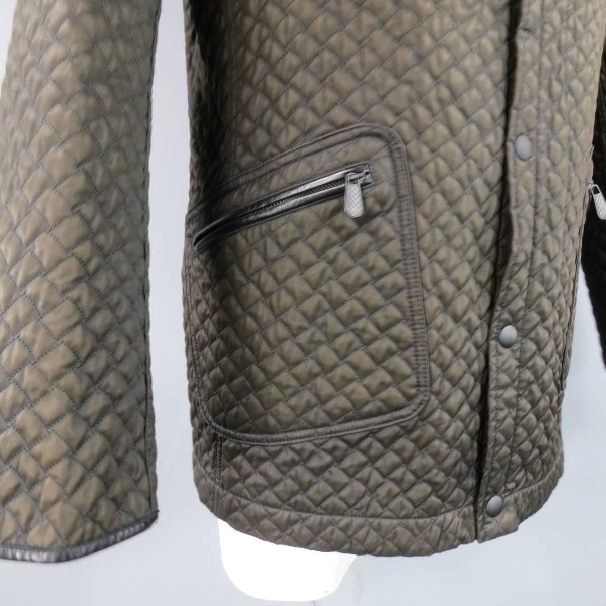 BOTTEGA VENETA 44 Olive Brown Quilted Nylon Leather Piping High Collar Jacket In New Condition In San Francisco, CA