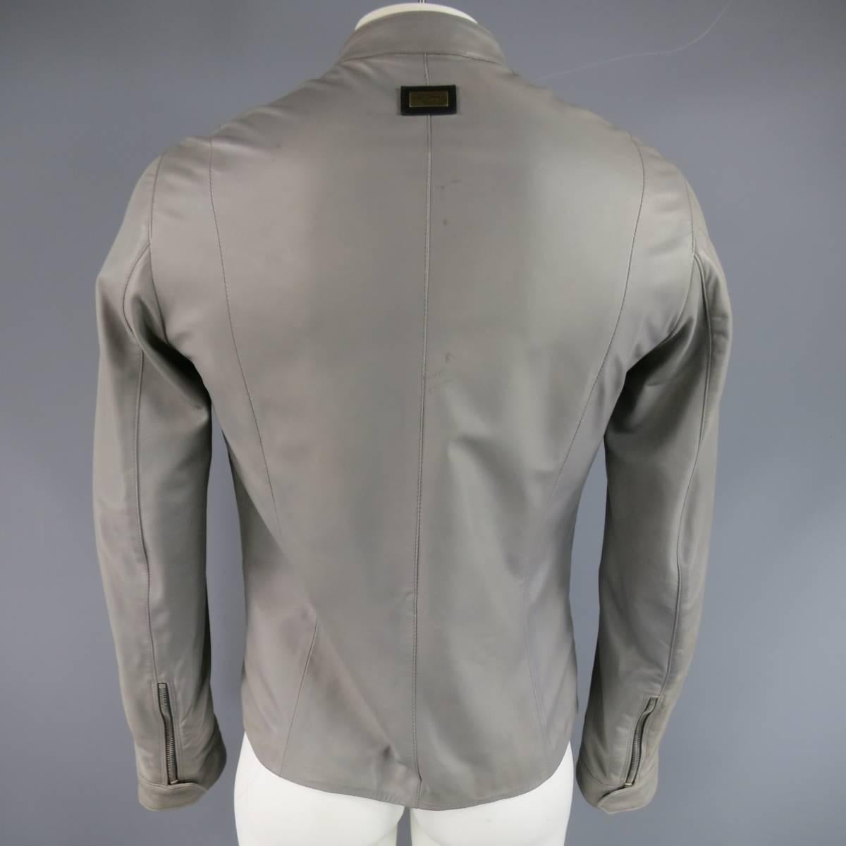 Men's DOLCE & GABBANA 38 Light Gray Leather Hidden Placket Moto Jacket 3