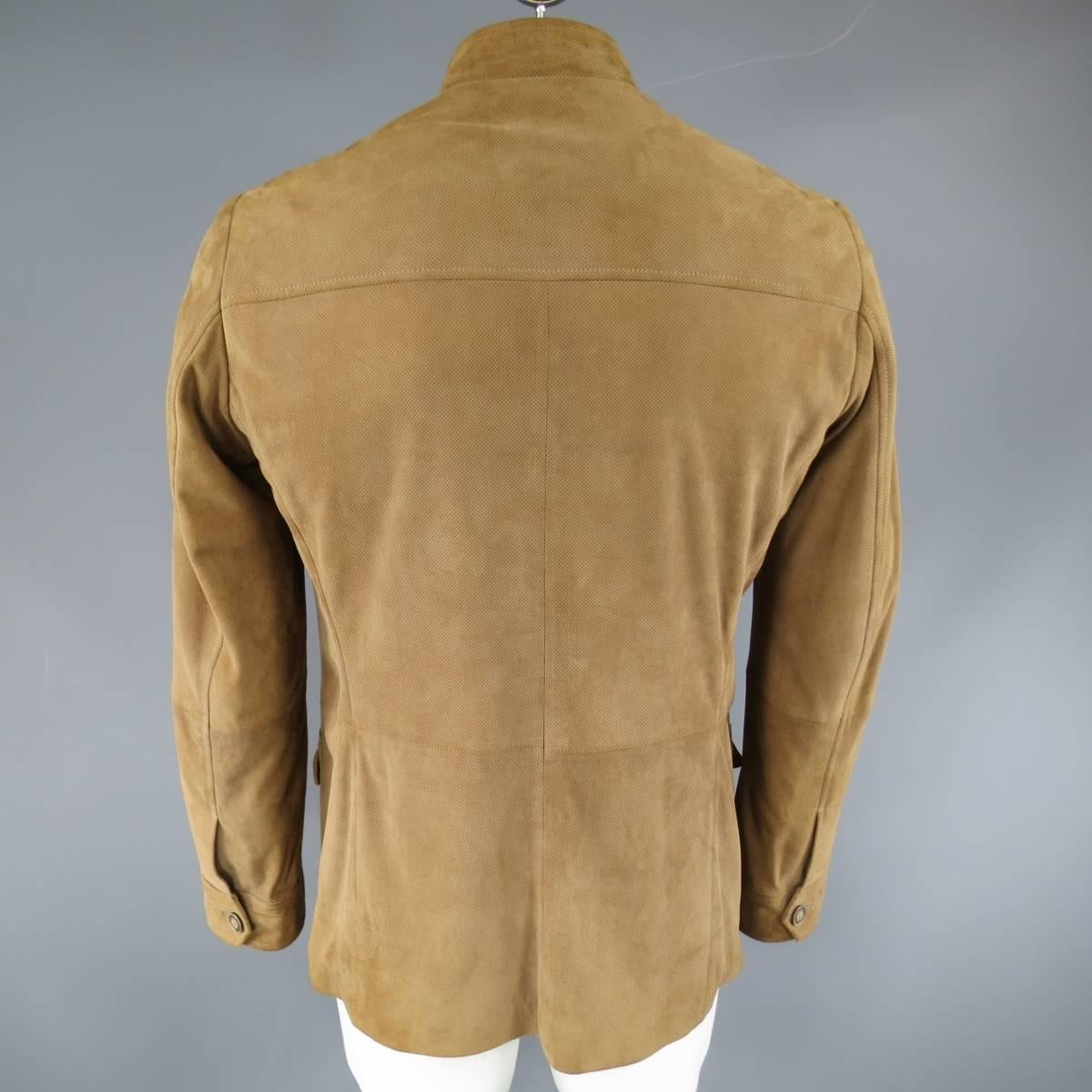 Brown Men's ARMANI COLLEZIONI 40 Tan Perforated Suede Military Jacket