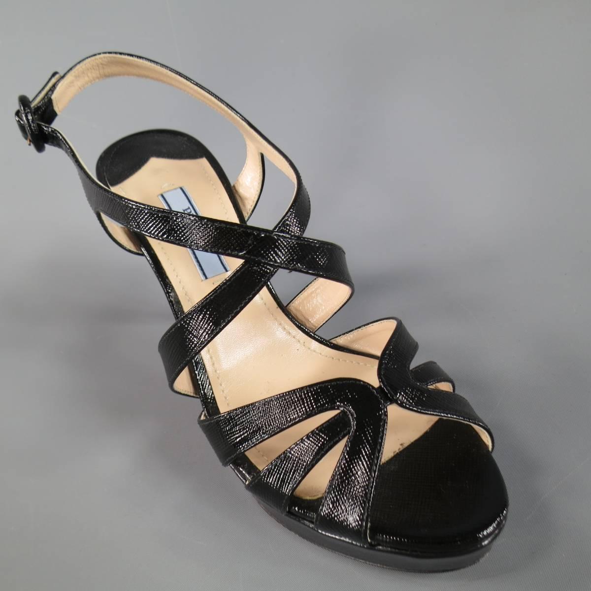 Women's PRADA Size 7 Black Textured Patent Leather Strappy Platform Sandals
