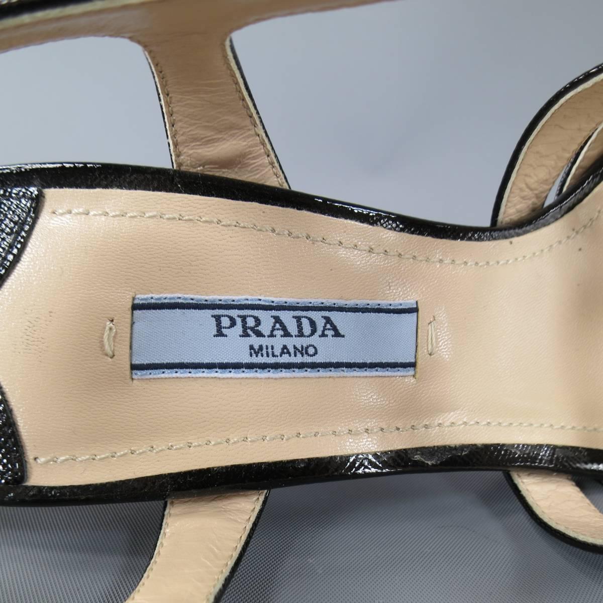 PRADA Size 7 Black Textured Patent Leather Strappy Platform Sandals 3