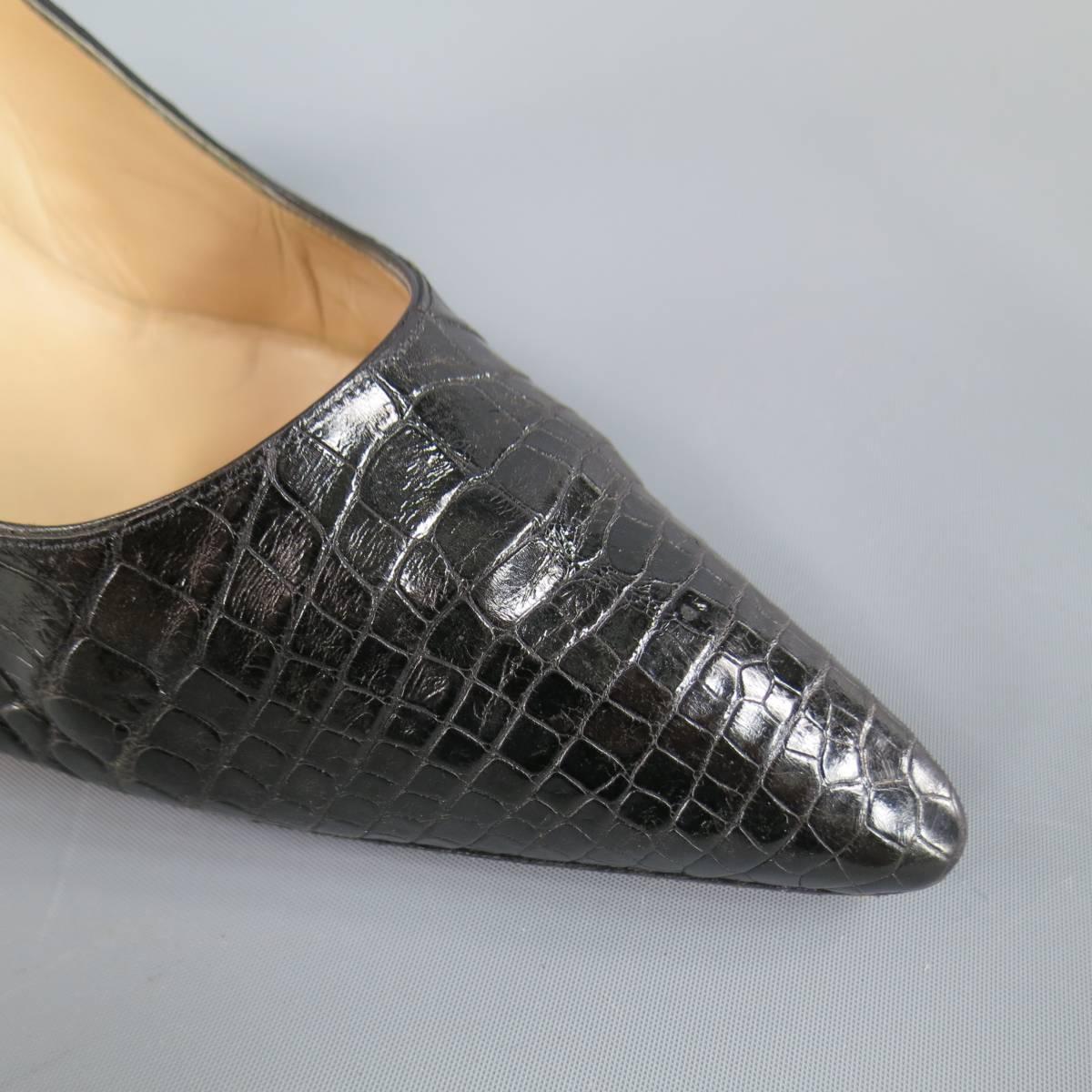 MANOLO BLAHNIK Size 8 Black Alligator Skin Leather Pointed Toe Pumps In Good Condition In San Francisco, CA