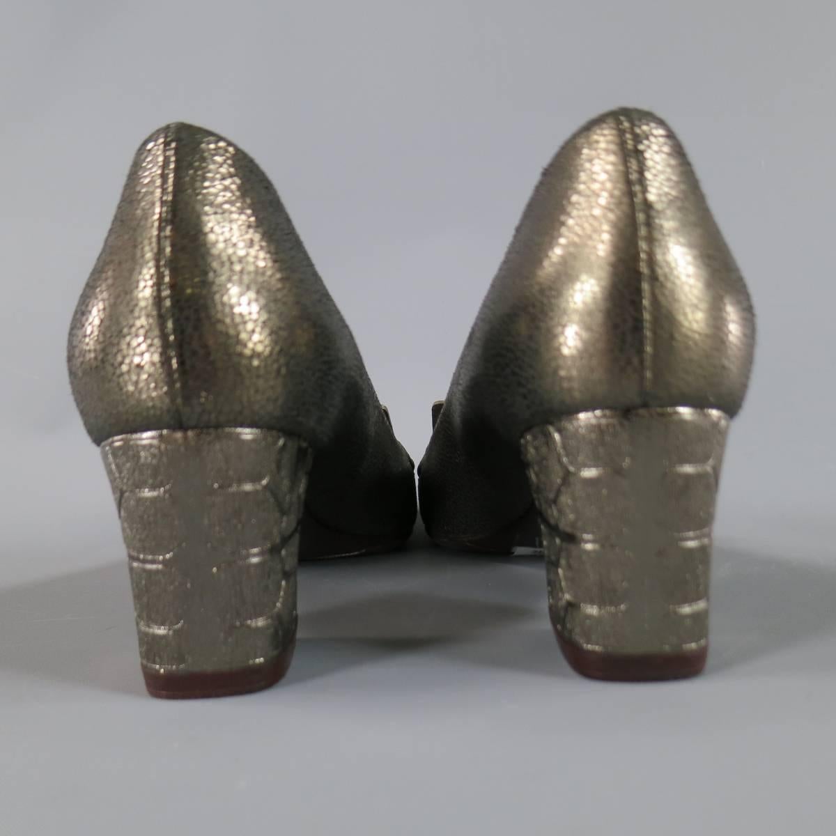 LANVIN Size 9 Silver Metallic Leather Loafer Chunky Heel Pumps In Good Condition In San Francisco, CA
