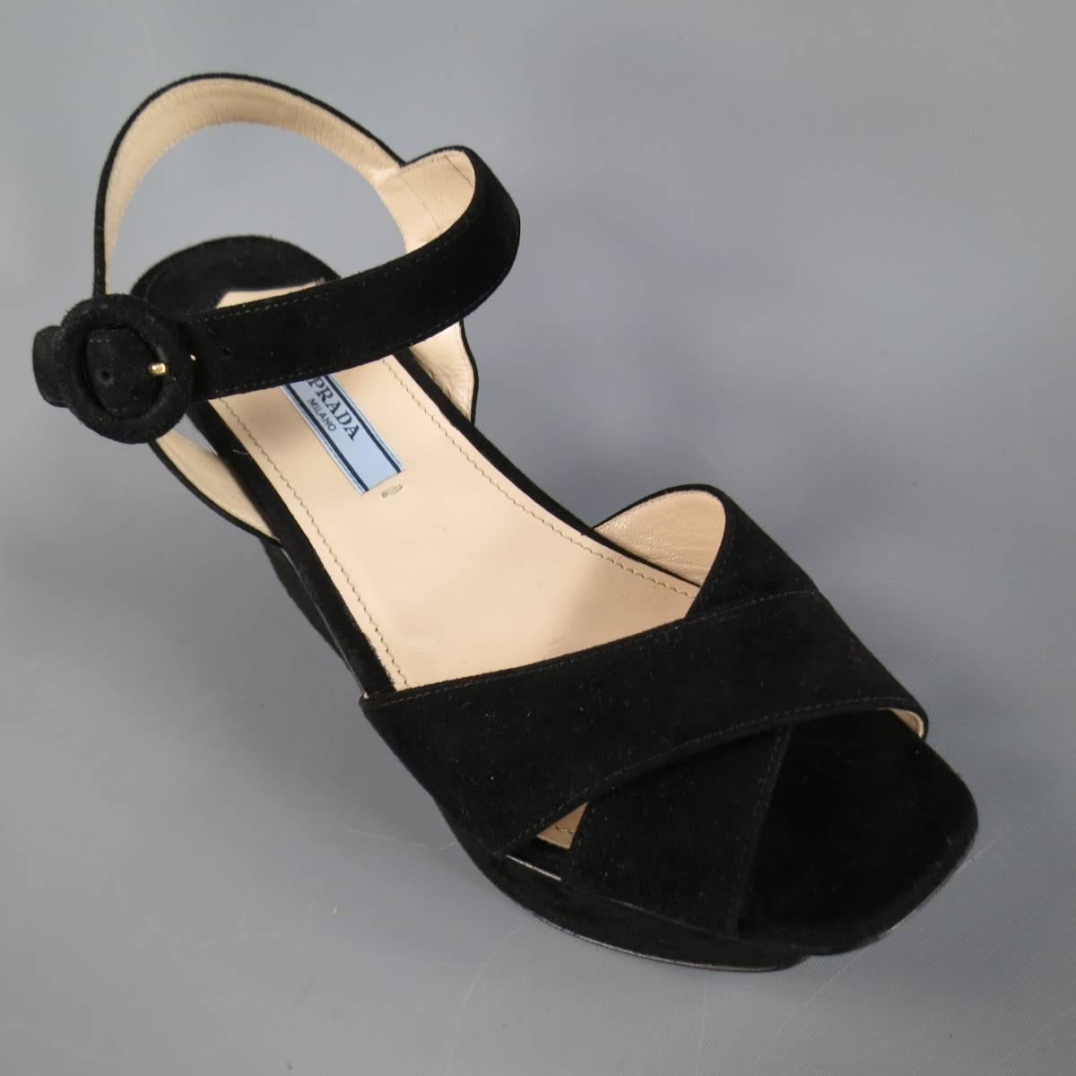 Women's PRADA Size 6.5 Black Suede Reytro Platform Sandals