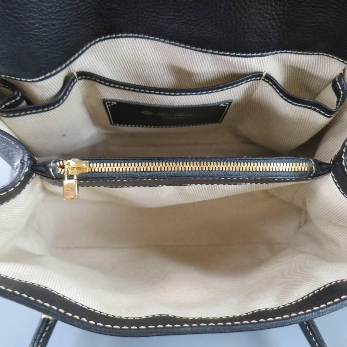 Women's LORO PIANA Black Leather Contrast Stiching Dandy Shoulder Bag