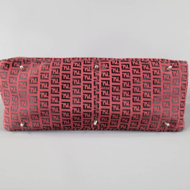 Vintage FENDI Red and Black Monogram Canvas Leather Handle Tote Bag at