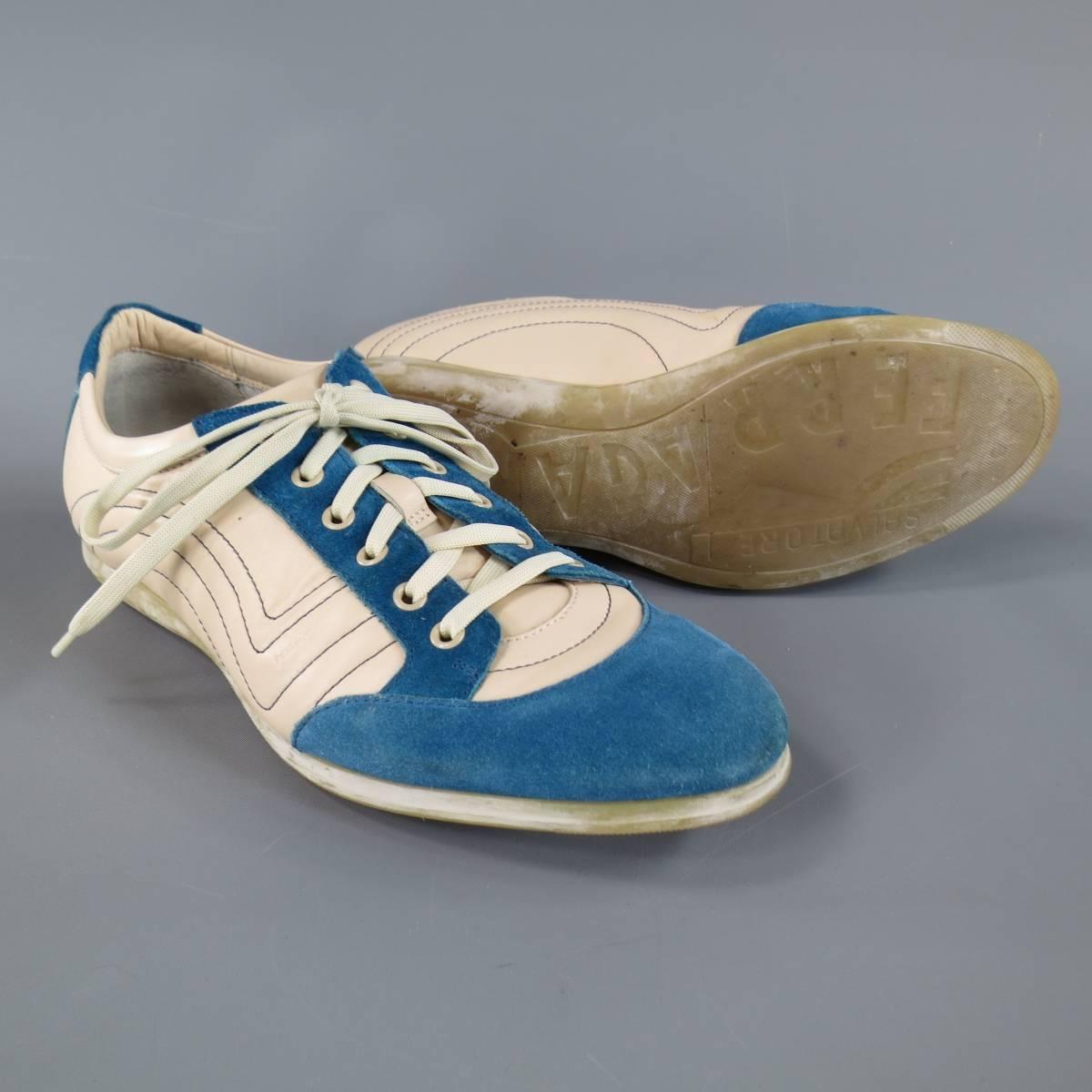 White Men's SALVATORE FERRAGAMO Size 8 Cream Leather & Blue Suede Sneakers