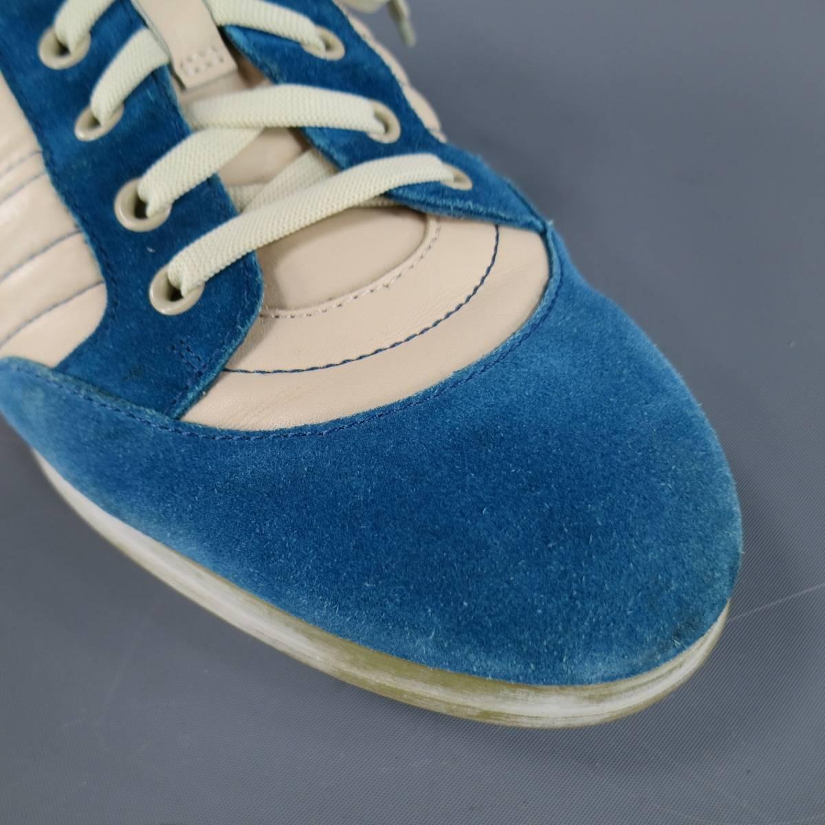 Men's SALVATORE FERRAGAMO Size 8 Cream Leather & Blue Suede Sneakers In Good Condition In San Francisco, CA