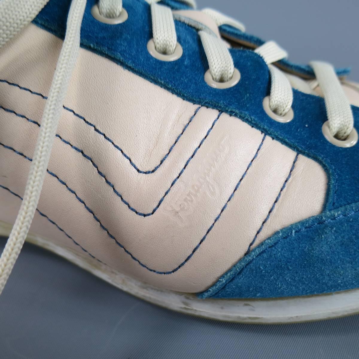 Men's SALVATORE FERRAGAMO Size 8 Cream Leather & Blue Suede Sneakers 1