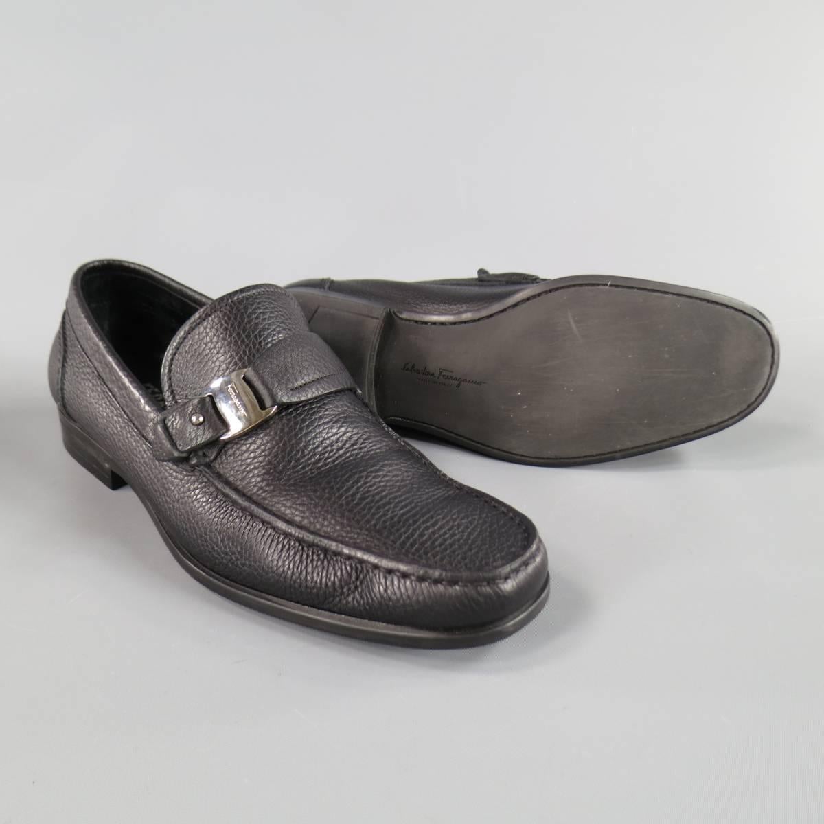 Men's SALVATORE FERRAGAMO Size 8 Black Textured Leather Strap Loafers 1