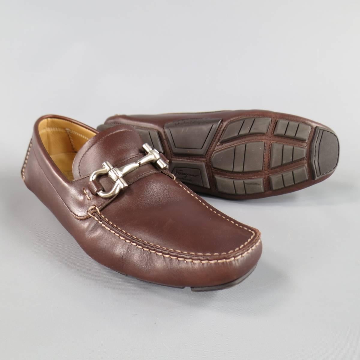 Men's SALVATORE FERRAGAMO Size 7.5 Brown Leather Gancini Horsebit Driver Loafers 1