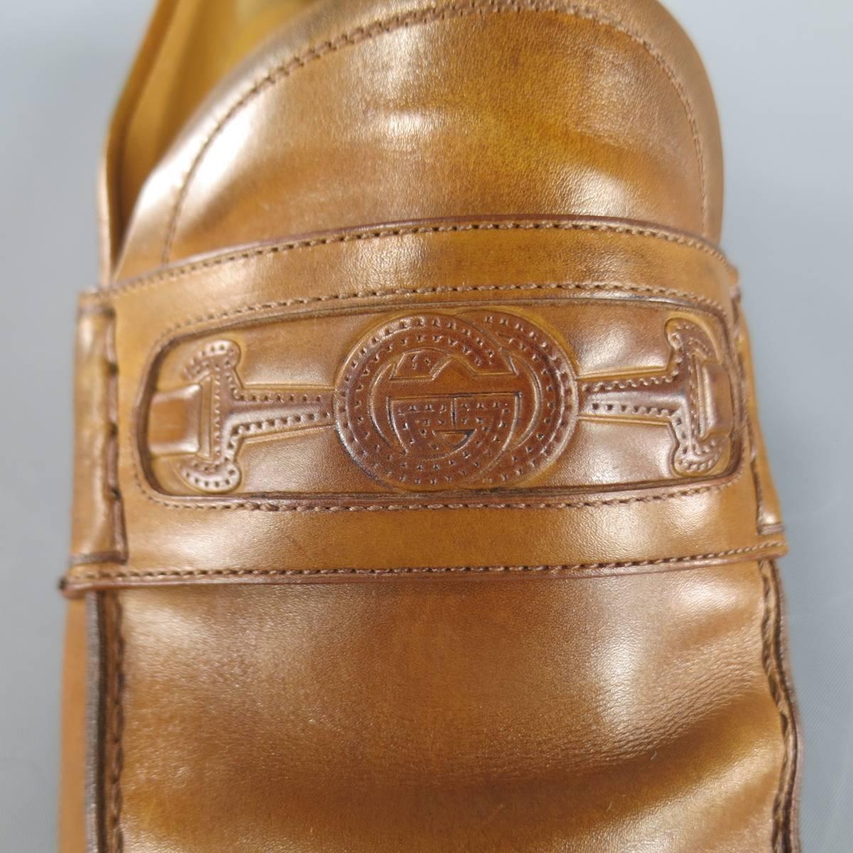 Brown Men's GUCCI Loafers - Size 7 Tan Ombre Leather Embroidered Horsebit Logo