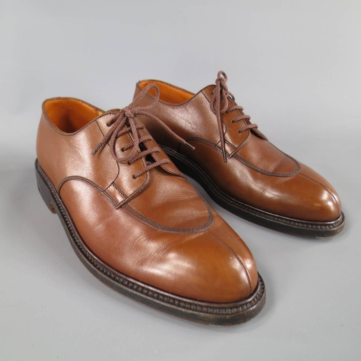 Men's J.M. WESTON Size 8 Tan Brown Leather Split Apron Toe Lace Up In Good Condition In San Francisco, CA