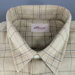 Men's New BRIONI SPORT Size L Beige PLaid Cotton Long Sleeve Shirt