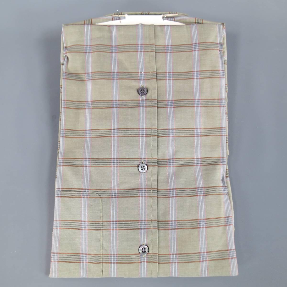 Gray Men's New BRIONI Size L Olive Green Plaid Cotton Long Sleeve Shirt